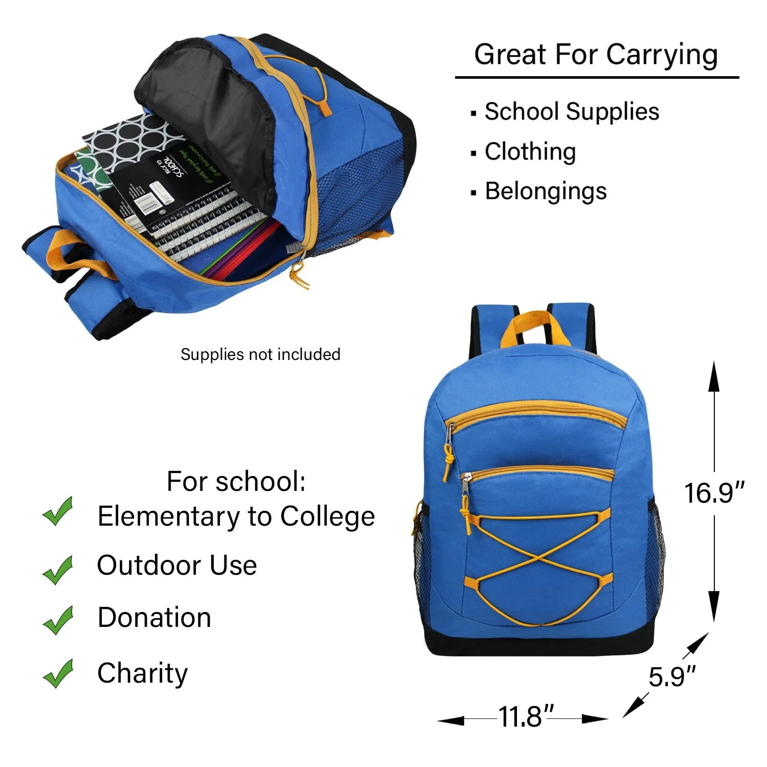 17" Bungee Wholesale Backpacks in 8 Assorted Colors - Bulk Case of 24 Bookbags