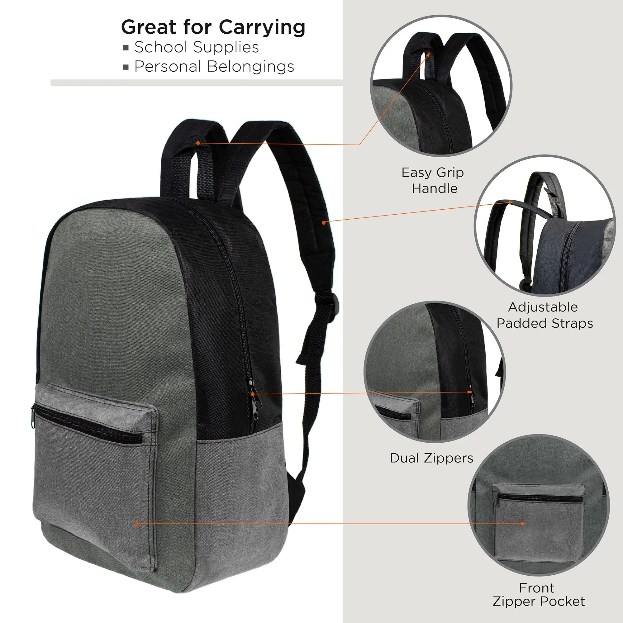 17" Kids Basic Wholesale Backpack in Assorted Gray Shades - Bulk Case of 24 Backpacks