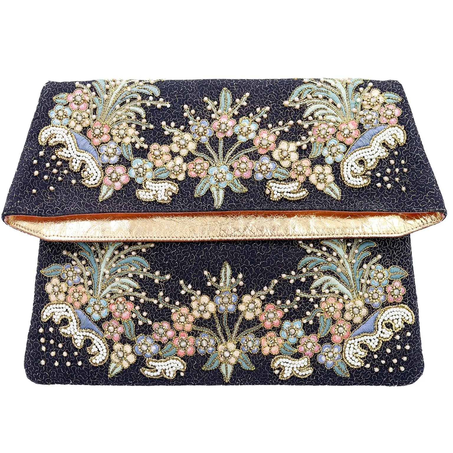 1960s Vintage Hand Embroidered Marketa Beaded Fold Over Clutch Evening Bag