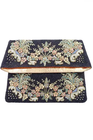 1960s Vintage Hand Embroidered Marketa Beaded Fold Over Clutch Evening Bag