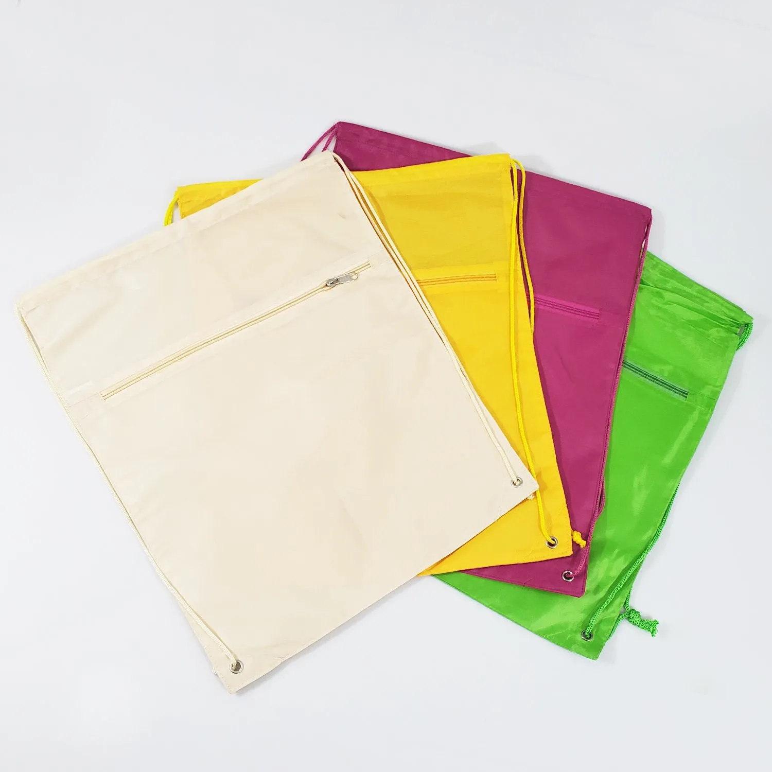 48 ct Promotional Polyester Drawstring Bags with Front Pocket - ASSORTED COLOR PACK (CLOSEOUT)