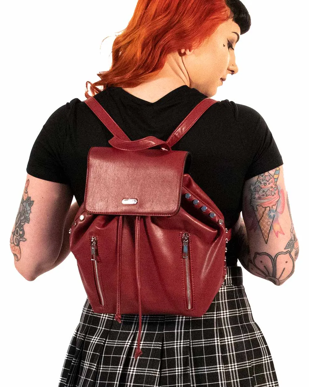 Back Pack - Maroon Pu 2 Front Zips W/Side Studs Sv