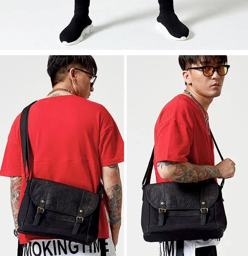 Black Canvas Leather Mens Side Bags Messenger Bags Dark Coffee Canvas Courier Bag for Men