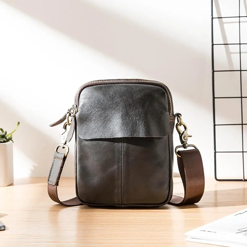 Black Casual Leather Mens Vertical Mini Side Bag Small Messenger Bags Belt Bag for Men