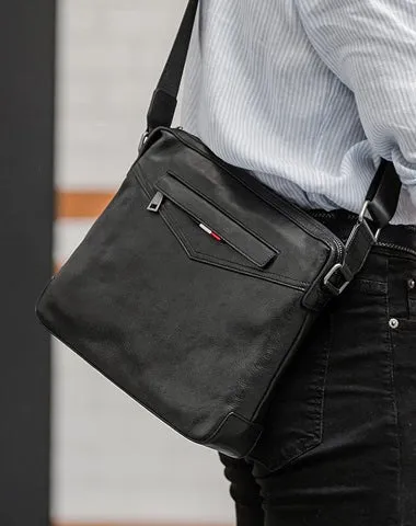 Black Cool Leather Mens 10 inches Side Bag Messenger Bags Black Postman Bags Courier Bag for Men