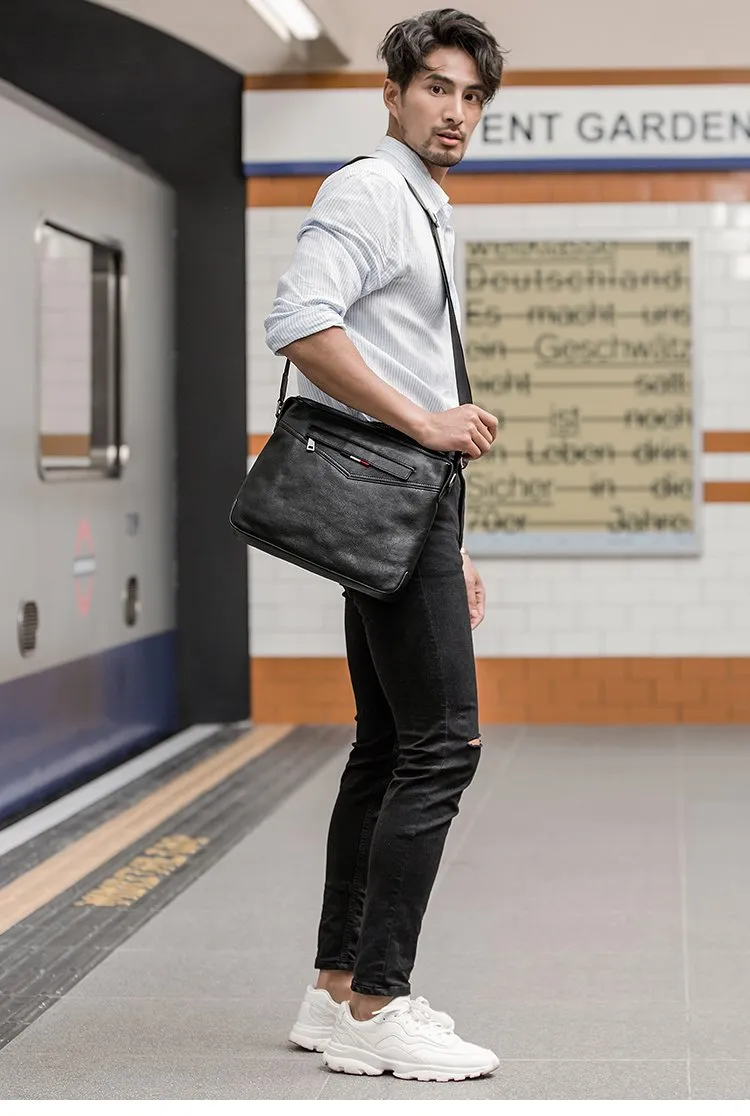 Black Cool Leather Mens 10 inches Side Bag Messenger Bags Black Postman Bags Courier Bag for Men