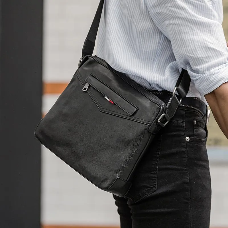 Black Cool Leather Mens 10 inches Side Bag Messenger Bags Black Postman Bags Courier Bag for Men