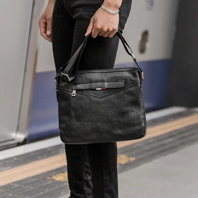 Black Cool Leather Mens 10 inches Side Bag Messenger Bags Black Postman Bags Courier Bag for Men