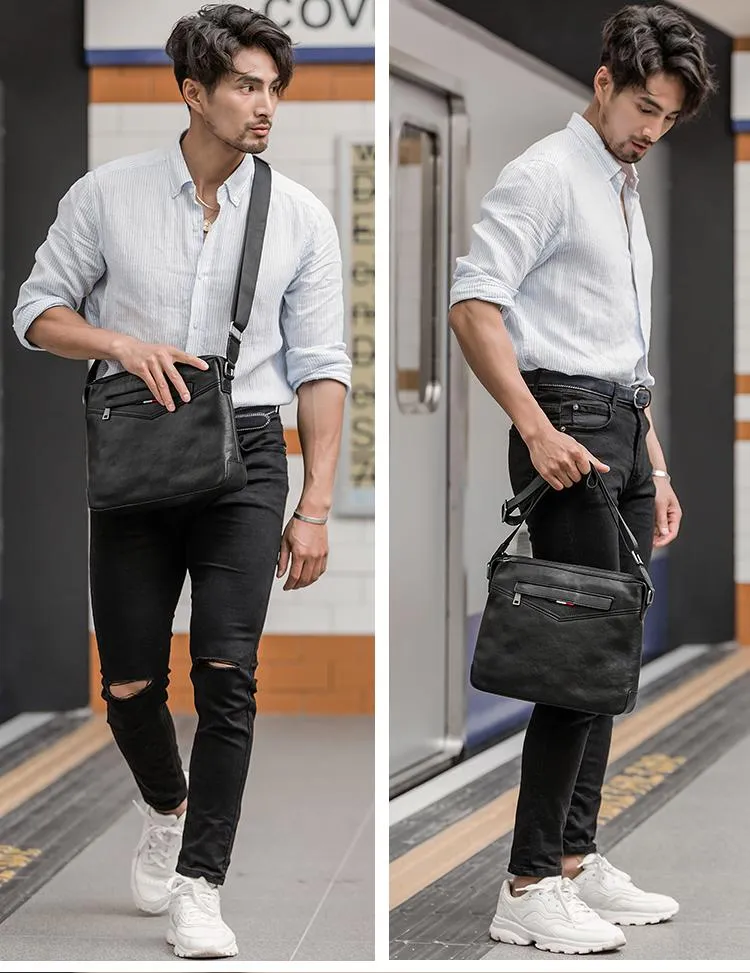 Black Cool Leather Mens 10 inches Side Bag Messenger Bags Black Postman Bags Courier Bag for Men