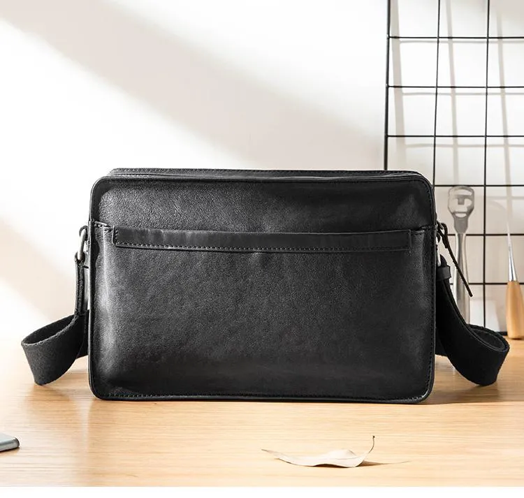 Black Cool Leather Mens 10inches Courier Bag Postman Bag Black Messenger Bags Side Bag for Men