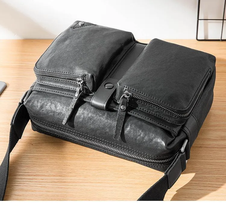 Black Cool Leather Mens 13 inches Side Bag Messenger Bags Black Courier Bags Postman Bag for Men