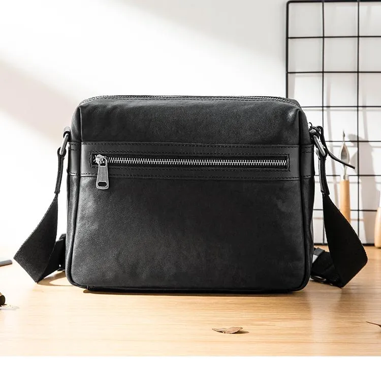 Black Cool Leather Mens 13 inches Side Bag Messenger Bags Black Courier Bags Postman Bag for Men