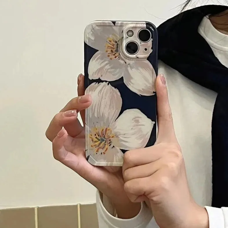 Black Cute Flower Oil Painting Phone Case for iPhone 11, 12, 13, 14 Pro Max, and 14 Plus