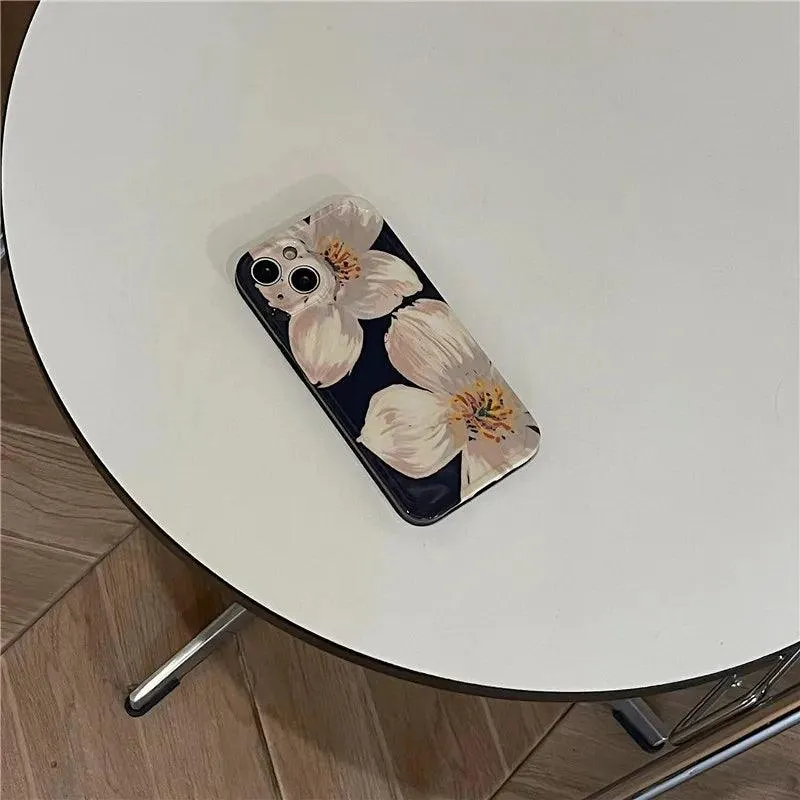 Black Cute Flower Oil Painting Phone Case for iPhone 11, 12, 13, 14 Pro Max, and 14 Plus