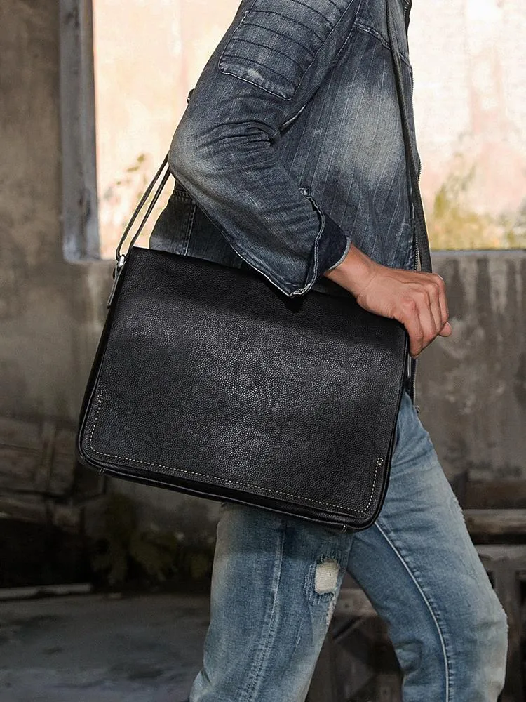 Black Large Leather Mens Cool Messenger Bags Shoulder Bags  for Men