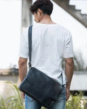 Black Large Leather Mens Cool Messenger Bags Shoulder Bags  for Men