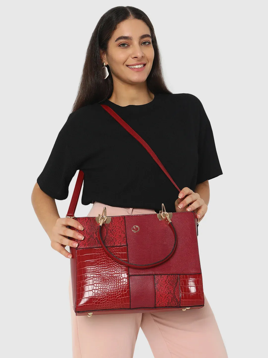 Caprese Ariana Tote Medium Self Deisgn Women'S Office Handbag Red