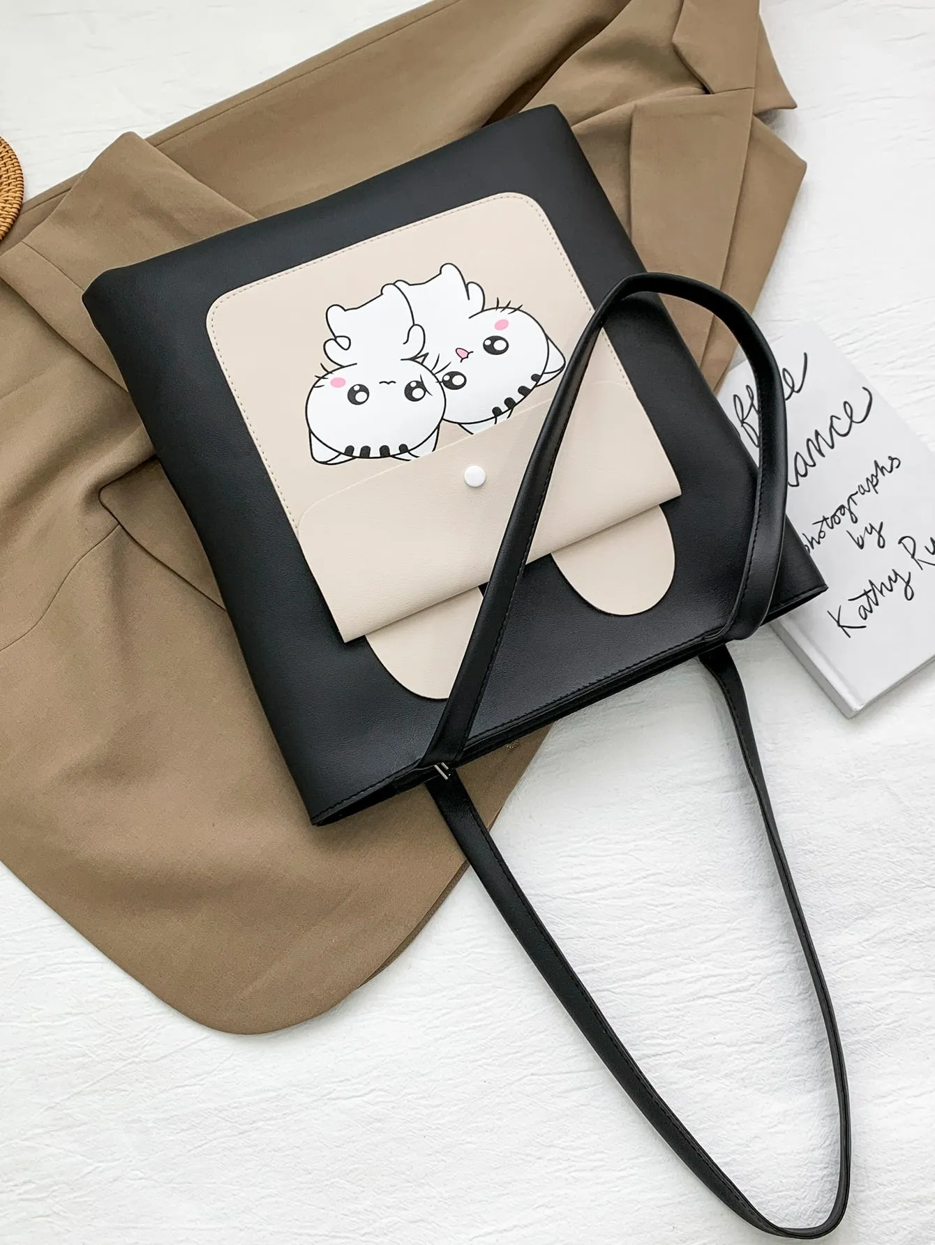 Cartoon Graphic Two Tone Shoulder Tote Bag