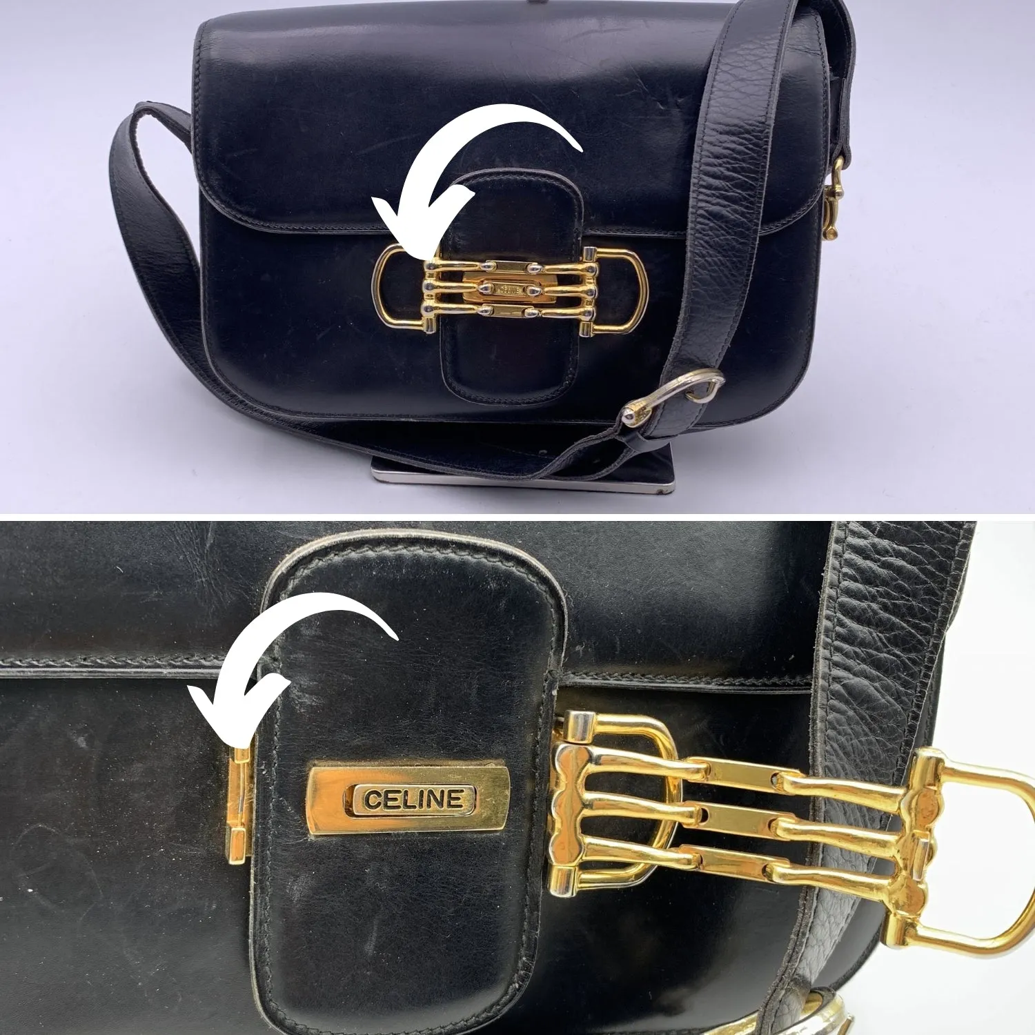 Celine Vintage Black Leather Crossbody Flap Messenger Bag