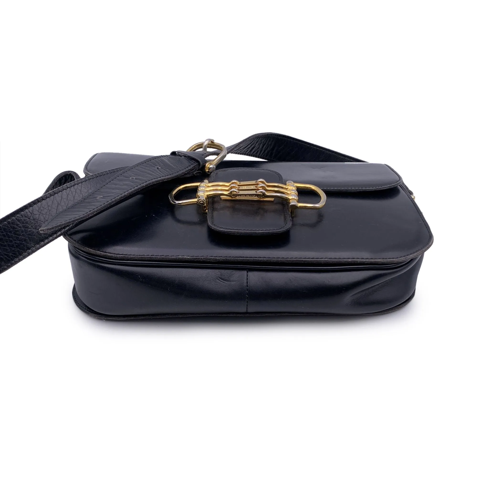 Celine Vintage Black Leather Crossbody Flap Messenger Bag