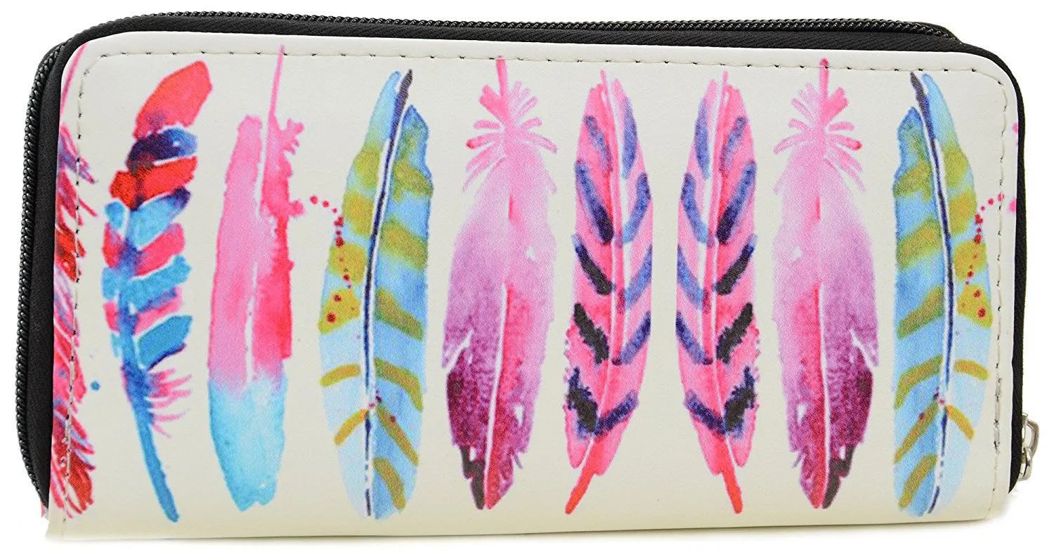 Colorful Multi Feather Bi-Fold Vegan Leather Wallet