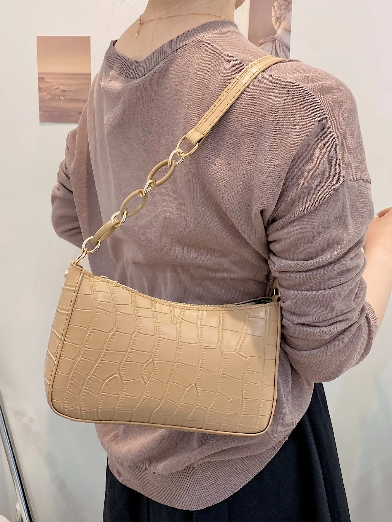 Croc Embossed Baguette Bag