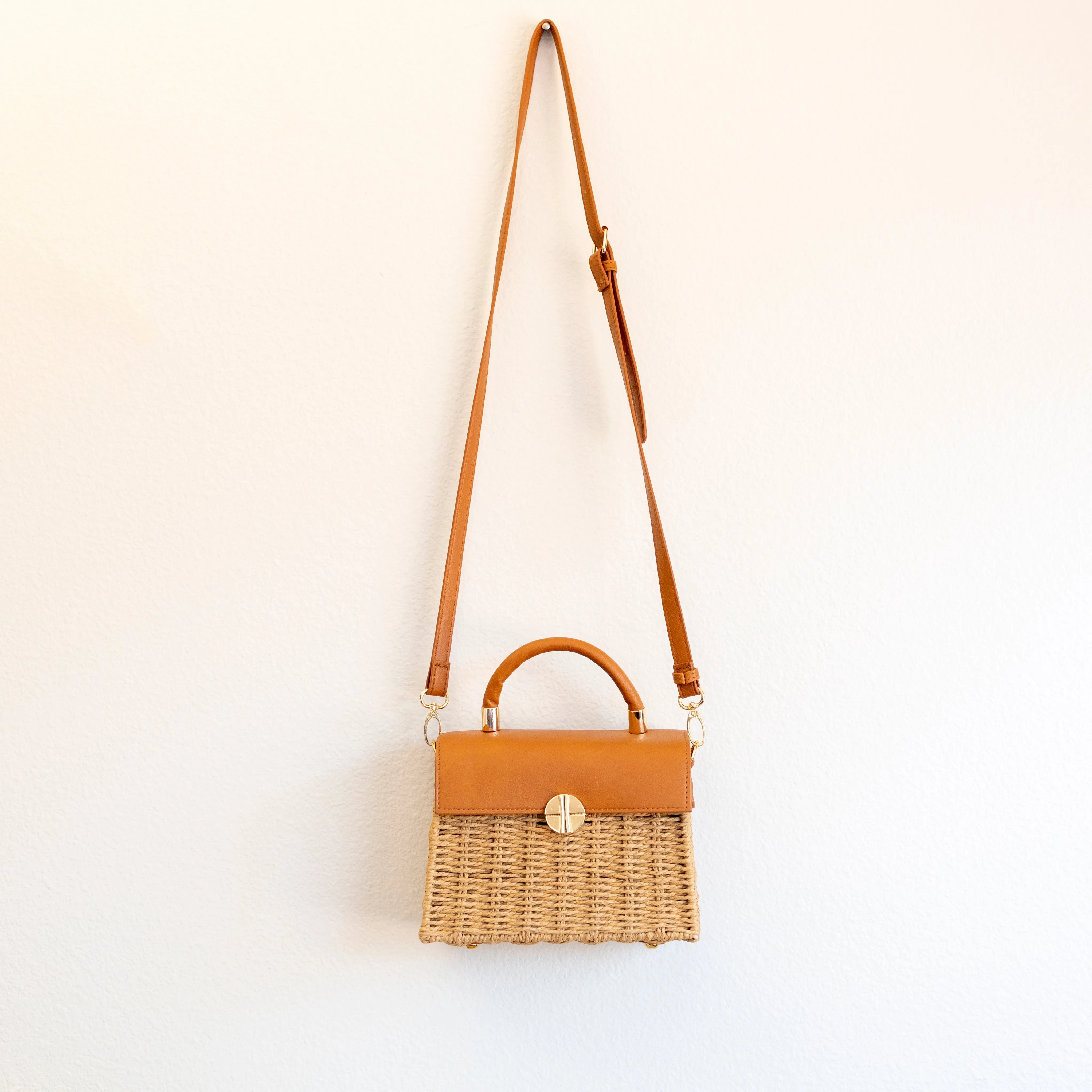 Elena Handbags Straw Woven Box Bag with Leather Flap and Trims