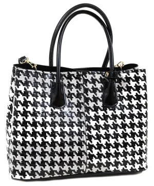 Houndstooth Top Handle Day Satchel Tote Handbag Vegan Women's