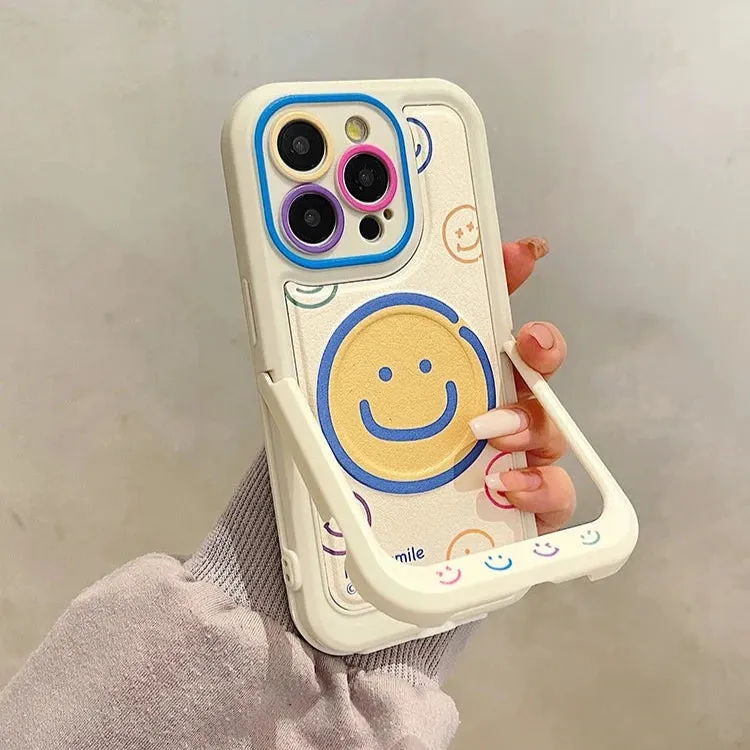 Invisible Bracket Cartoon Smile Leather Cute Phone Case for iPhone 11-15 Pro Max Plus