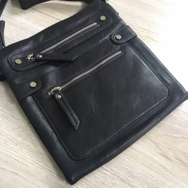 LARGE BLACK MULTI COMPARTMENT CROSSBODY BAG WITH LONG STRAP