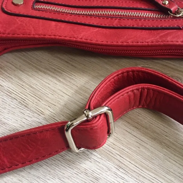 LARGE RED MULTI COMPARTMENT CROSSBODY BAG WITH LONG STRAP