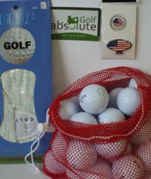 Mens Gift Box 36 Recycled Golf Balls in Mesh Bag With Free Tee's & Magnetic American Flag Golf Ball Marker/Hat Clip & Glove White Left Large Golf Glove