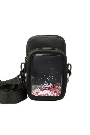 Neoprene in Black Rebel Phone Case Crossbody with Floating Glitter