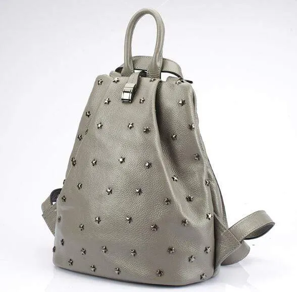 Punky style women stud cow skin genuine leather soft backpack