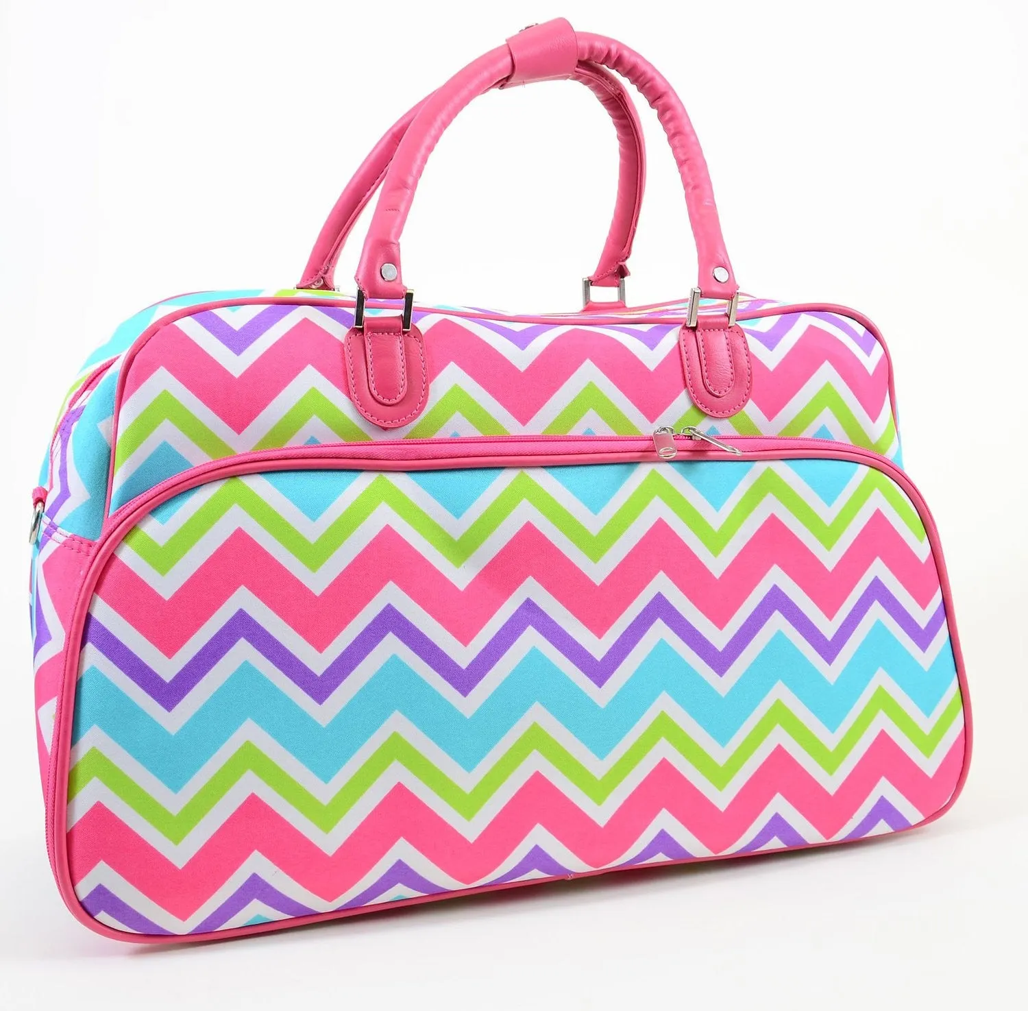 Rainbow Chevron Vegan Leather Pink Trim Duffle Travel Luggage Bag