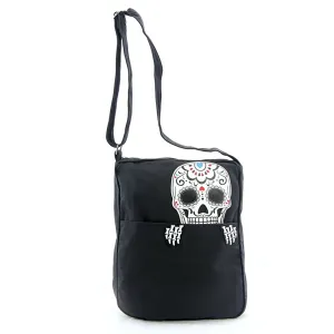 Sugar Skull Peeking Out of Canvas Book Bag Messenger Crossbody