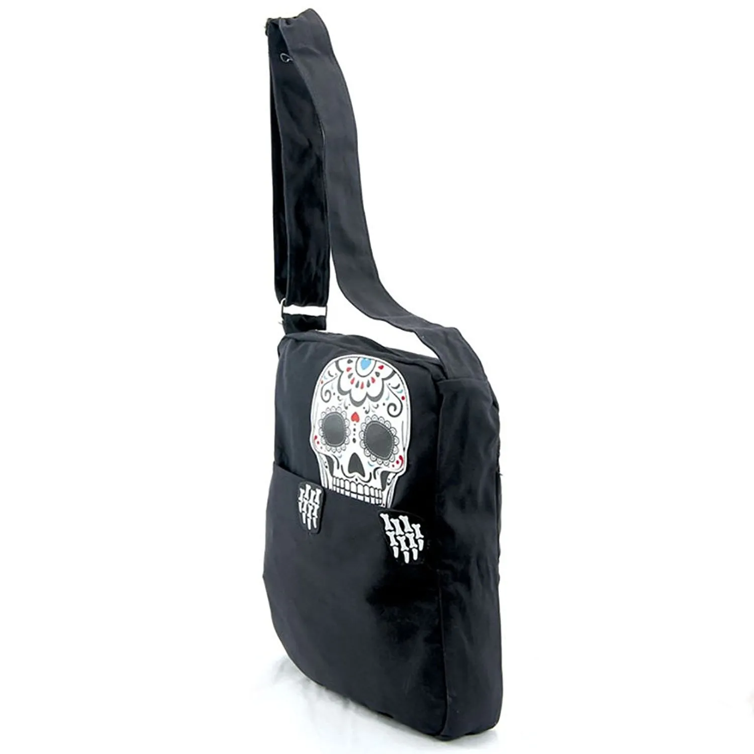 Sugar Skull Peeking Out of Canvas Book Bag Messenger Crossbody